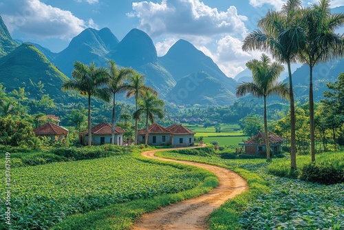 Peaceful village path with palm trees leads to mountains for travel advertisement