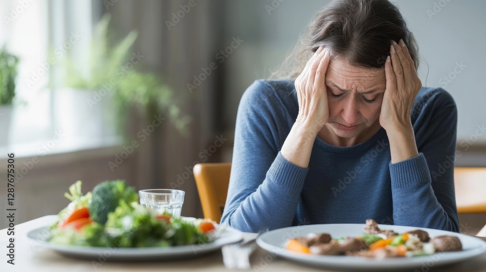 Dementia symptoms in a senior woman forgetting to eat. Featuring confusion and distress Dementia symptoms in a senior woman forgetting to eat. Featuring confusion and distress