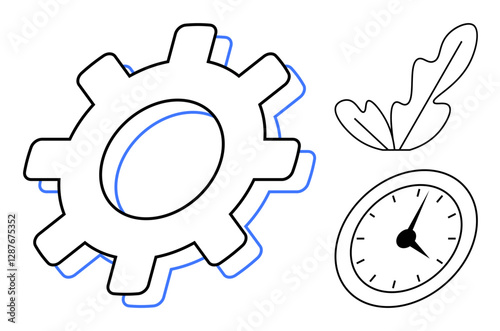 Bold gear, clock, and leaf in flat, abstract style. Ideal for concepts of productivity, time management, ecology, balance industrialization growth and harmony. Abstract line flat metaphor