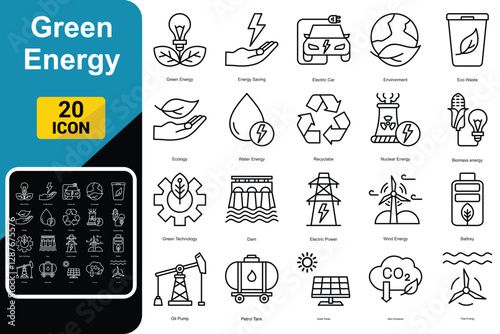 Green energy icon set. Collection of renewable energy, ecology and green electricity icons. Vector illustration.