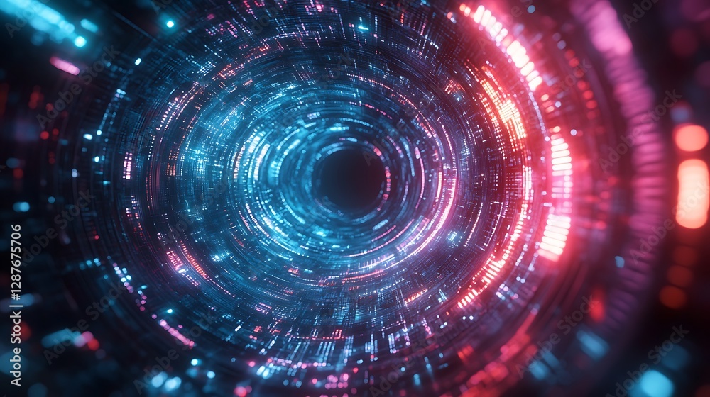 Obraz premium Luminous vortex swirling dynamically, glowing neon gradients of teal and magenta forming abstract financial patterns, intricate curves and radiant edges, sleek futuristic dark background,