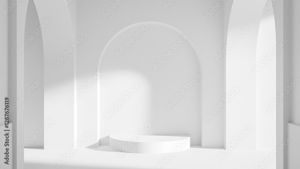 Fototapeta premium A white room with a white archway and a white pedestal. The room is empty and the archway is open premium photo 3d render