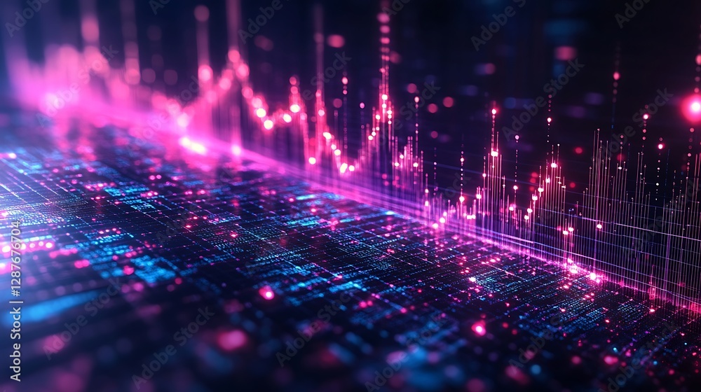 Fototapeta premium Radiant beams of neon light forming intricate financial charts, smooth gradients blending into a futuristic design, glowing nodes scattered along the beams,