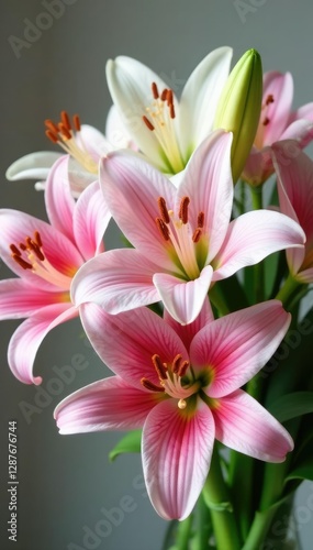 A bouquet of white and pink lilies in a bunch, bloom, bunch, flowers