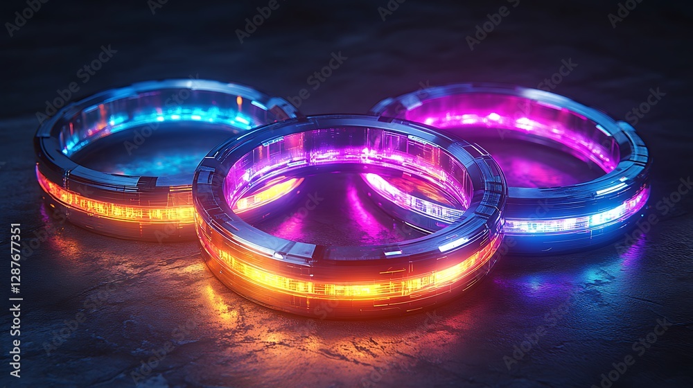 Radiant holographic rings dynamically interlinked, glowing edges with neon gradients, abstract visualization of trade and economic data, intricate details embedded within, Radiant holographic rings dynamically interlinked, glowing edges with neon gradients, abstract visualization of trade and economic data, intricate details embedded within,