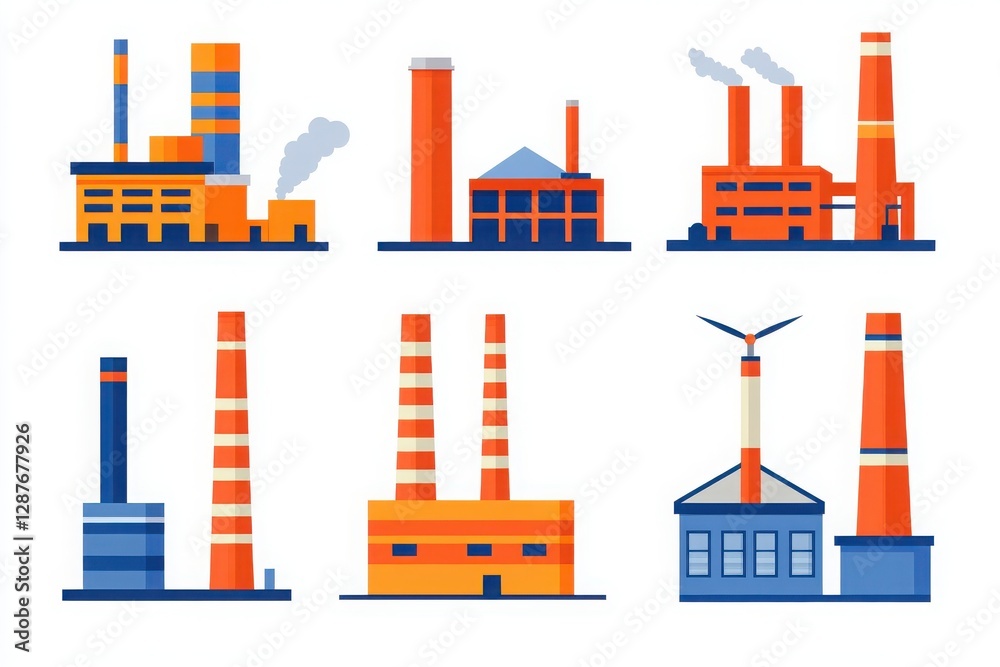 Obraz premium A collection of illustrated factories showcasing different designs and emissions, highlighting industrial themes in a colorful style.