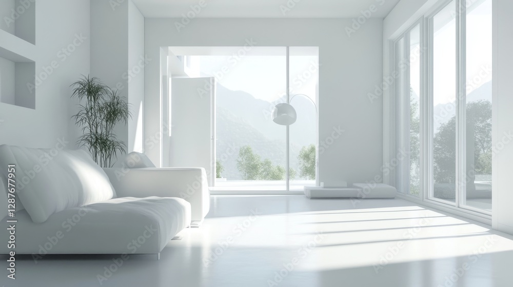 Fototapeta premium Minimalist white living room with mountain view