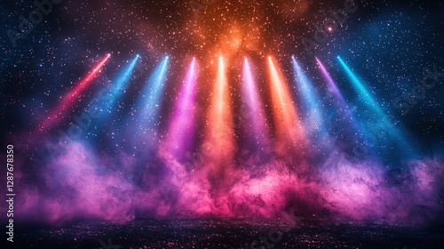 Stage lights shine in a smokey atmosphere creating colorful beams of light effect