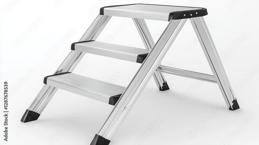 A lightweight aluminum step ladder with three wide steps, isolated on a white background A lightweight aluminum step ladder with three wide steps, isolated on a white background