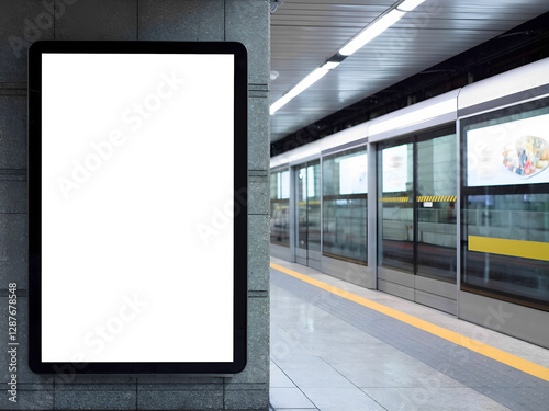 Blank digital billboard mockup in train station platform. Modern design. Empty space for advertisement. Suitable for marketing presentations retail ads. Horizontal outdoor advertising media display