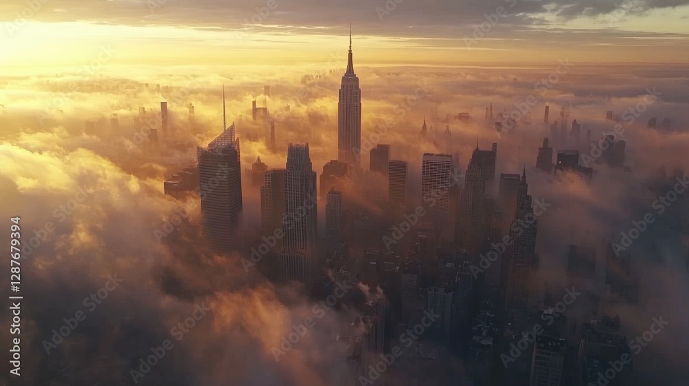 Fototapeta premium Golden Sunrise Over Manhattan Skyline Enveloped In Clouds