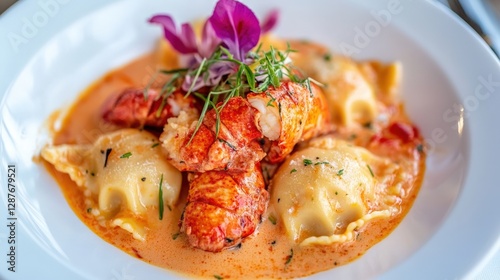 Gourmet Lobster Ravioli Served in Creamy Sauce with Fresh Herbs