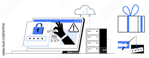 Laptop screen shows padlock, key, and warning symbols near server tower. Nearby, gift box and phishing hook with credit card. Ideal for cybersecurity, data protection, phishing awareness, online