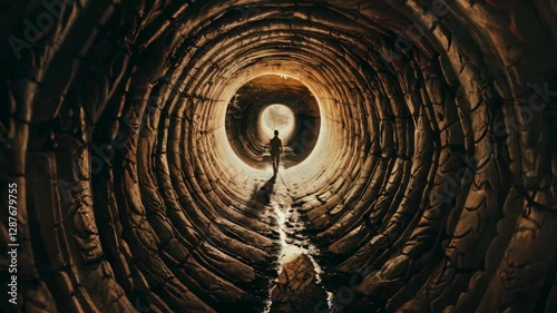 A Solitary Figure Walks Toward Light in Tunnel