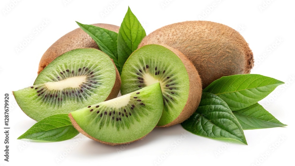 Fototapeta premium Fresh kiwi slices with green leaves, isolated on a white background.
