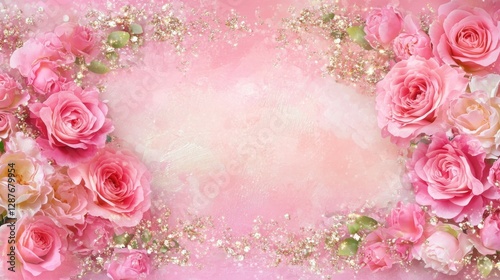 Fototapeta Naklejka Na Ścianę i Meble -  59.Pink peony roses and metallic sprinkles forming a playful and romantic border on a pastel pink backdrop, creating a vibrant yet elegant composition.