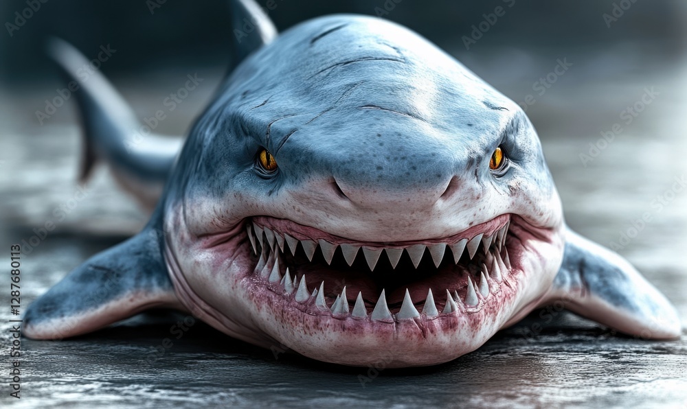 Fototapeta premium Menacing shark bares teeth on beach, wildlife danger