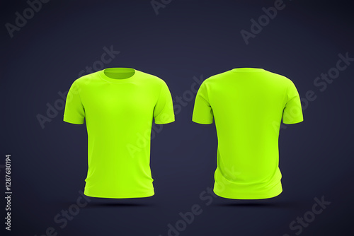 Blank neon green t-shirt mockup front, back view. Activewear design template for outdoor sports safety. Illustrates blank shirt suitable for customization. High visibility apparel for men or women