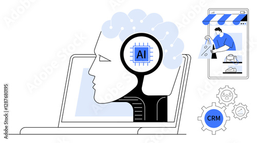Human head silhouette with AI brain inside a laptop, CRM gear icon, and online shopping imagery. Ideal for technology, AI, CRM, e-commerce, innovation customer service automation concepts. Abstract