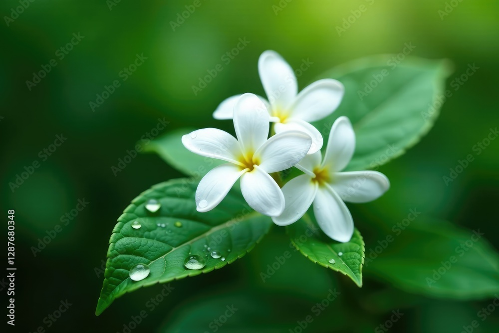 Obraz premium Delicate white jasmine flowers glisten in raindrops on a leaf, bloom, garden, serene