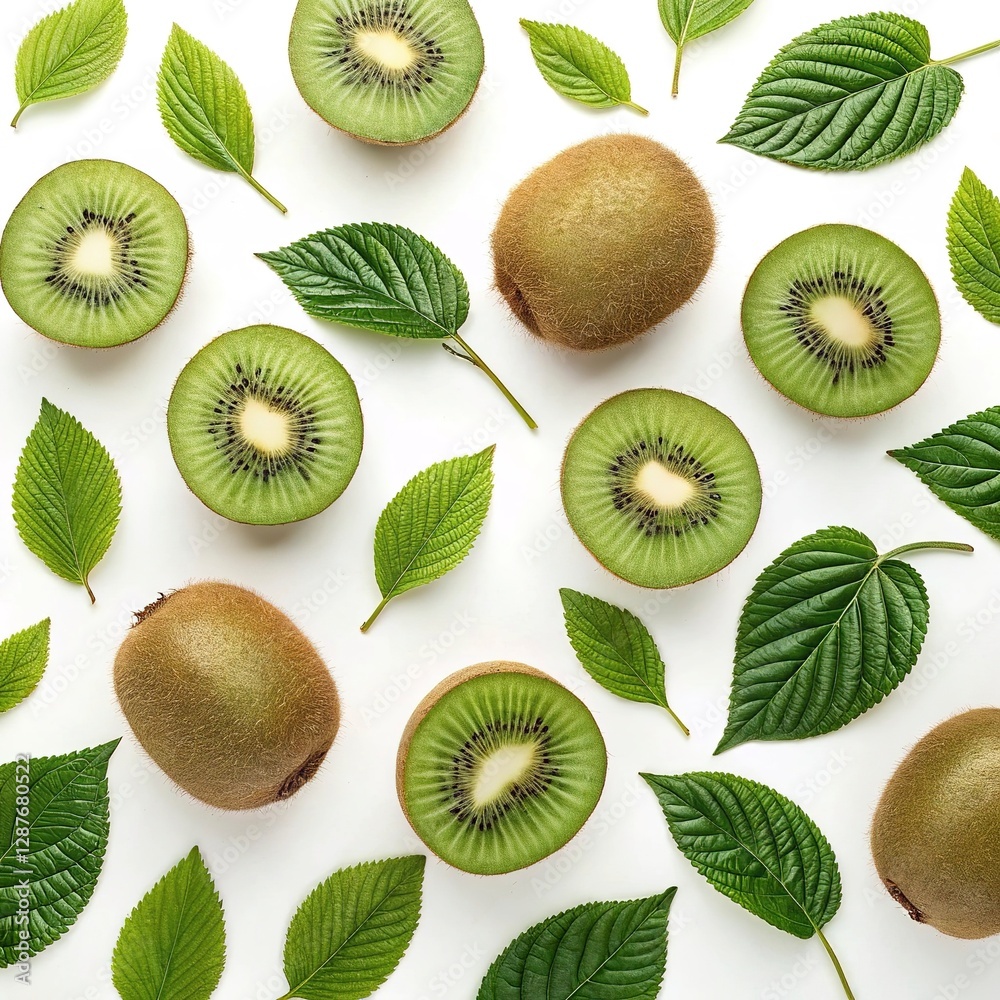 Fototapeta premium Sliced kiwi with lush green leaves, clean white background.