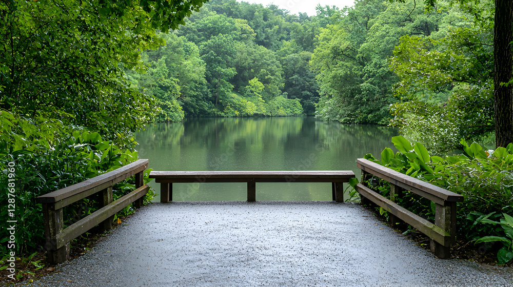 Serene lakeside bench, lush greenery, calm waters, tranquil park scene, perfect for relaxation
