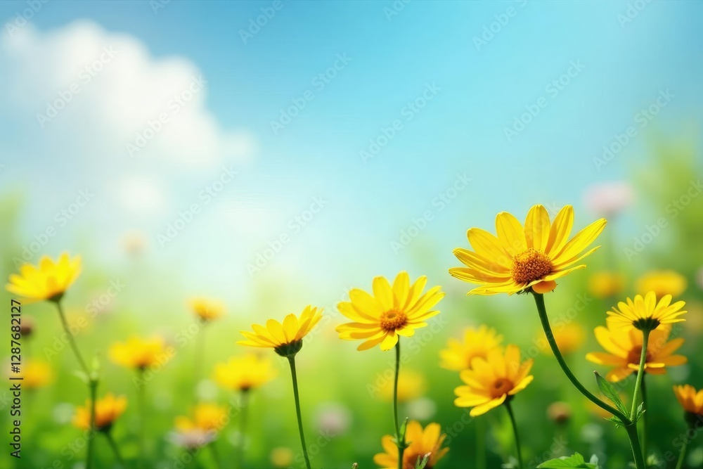 Fototapeta premium Delicate yellow daisies sway in gentle breeze, garden, wildflowers