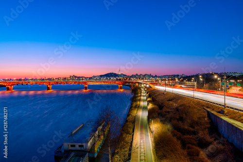 Photography Seoul city scape twilight at night in south,korea.
