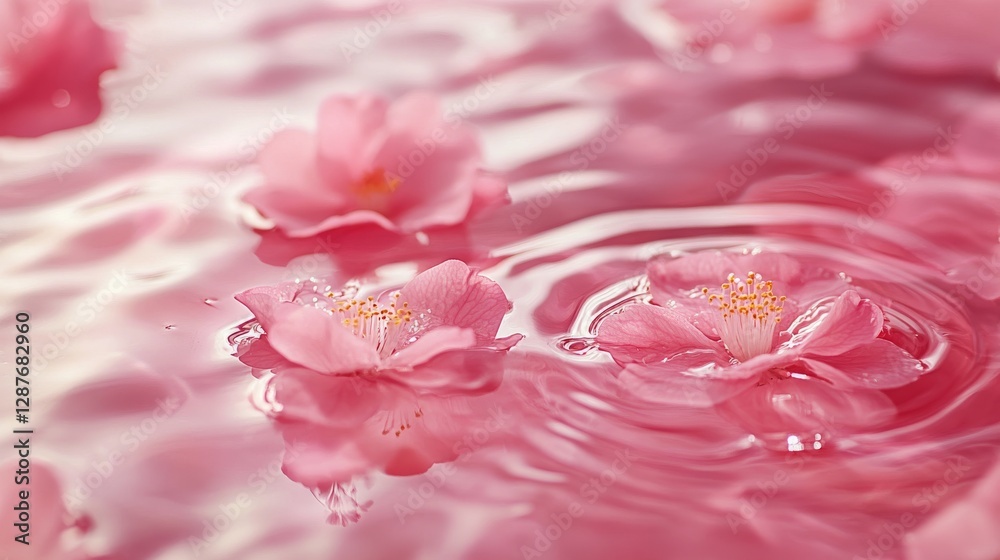 Fototapeta premium 80.A serene view of soft ripples and shimmering drops on transparent pink water, interspersed with floating pink flowers creating a tranquil, dreamlike composition.
