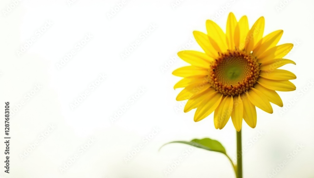 Obraz premium Una girasola de sol con su cara completa y suave sobre un fondo blanco limpio y vac?o, soledad, girasoles, solitario