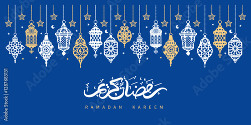 Ramadan Kareem greeting card with eastern holiday decorations, garland with hanging arabic lanterns, crescents, stars. Arabic calligraphy means Ramadan Kareem. Vector illustration