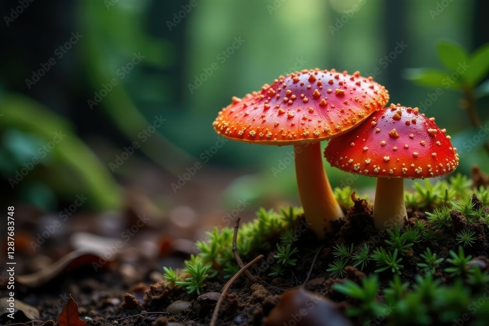 Fungal caps with bright red spots in the forest undergrowth, decay, spores, nature Fungal caps with bright red spots in the forest undergrowth, decay, spores, nature