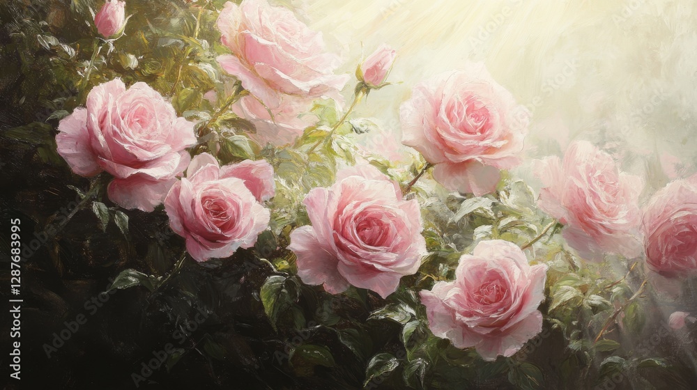 Fototapeta premium 88.A tranquil spring setting with pastel pink roses softly swaying in a gentle breeze, their petals catching the warm rays of the sun in a lush, sunlit garden.
