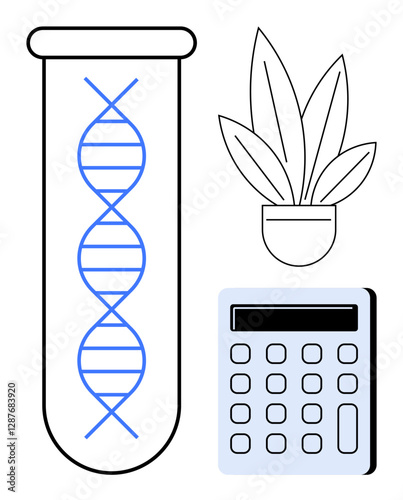 DNA strand inside a test tube alongside a potted plant and calculator. Ideal for biotechnology, genetic research, scientific studies, plant biology, technological calculations, educational material