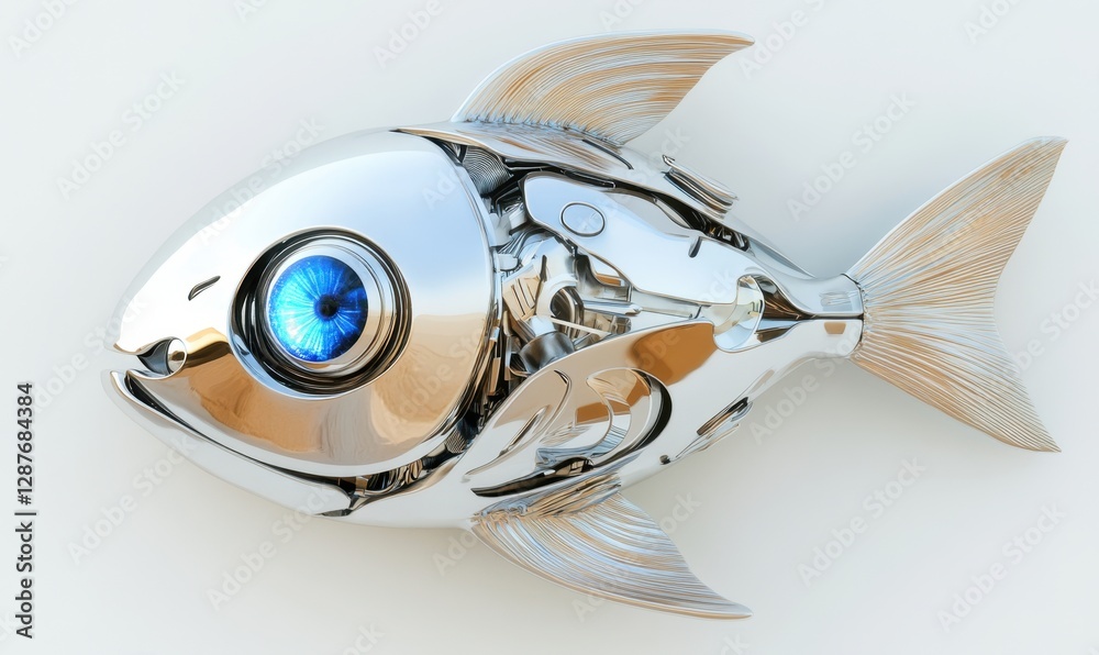 Obraz premium Metallic robotic fish with exposed mechanics on white background, tech concept