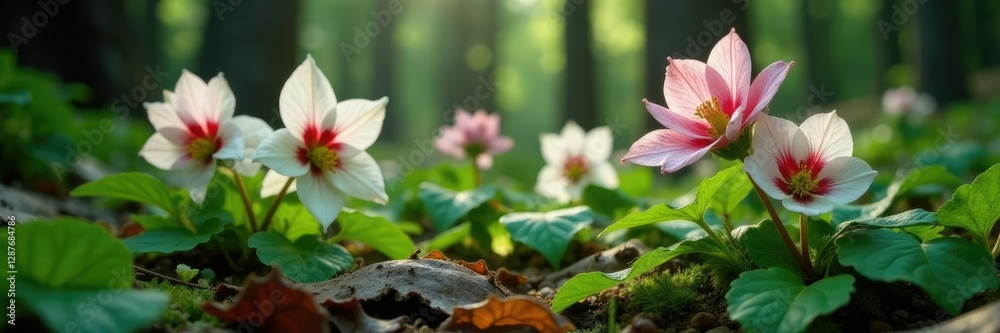Fototapeta premium Mahogany Snow Hellebore blooms in a forest floor understory, lenten rose, hellebore, christmas flower