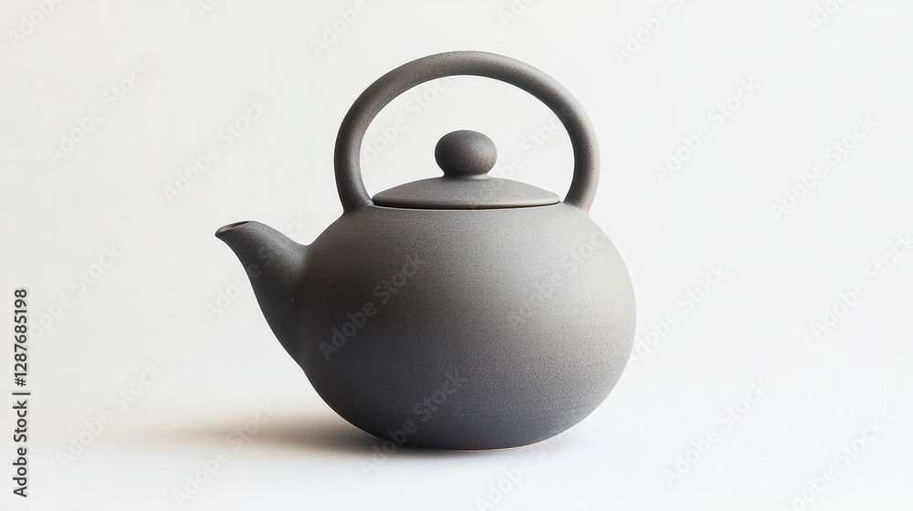 A modern ceramic teapot with a matte finish and a round handle, isolated on a white background A modern ceramic teapot with a matte finish and a round handle, isolated on a white background