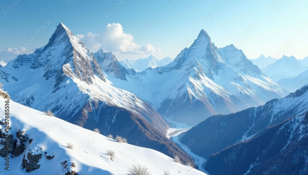 Obraz premium Majestic mountain range with snow-covered peaks and valleys, snow-covered, nature