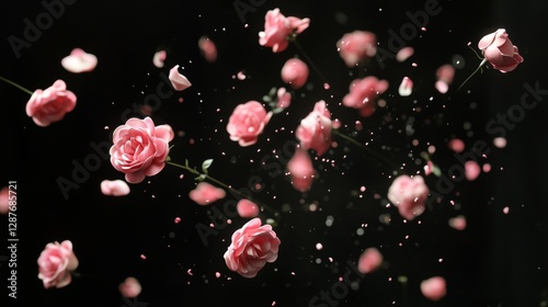 Fototapeta Naklejka Na Ścianę i Meble -  104.A dramatic composition of small pink foam roses bursting upwards against a dark black background, their delicate petals frozen in mid-air with dynamic motion trails.