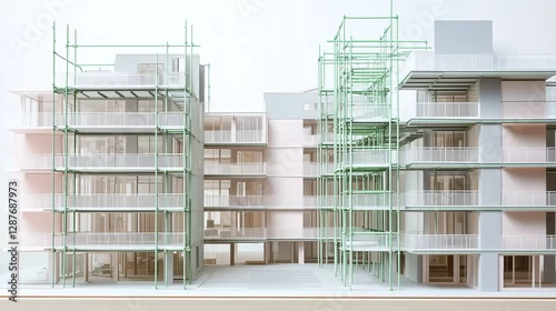 Obraz A meticulously detailed architectural model of a multi-story building complex, featuring light gray, off-white, and pale pink structures 