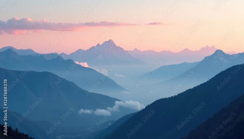 Fototapeta premium Soft grey mist envelops mountain peaks at dawn, clouds, dawn