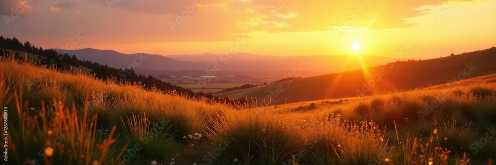 Obraz premium Soft light illuminates the golden terrain at dusk, peaceful, serene