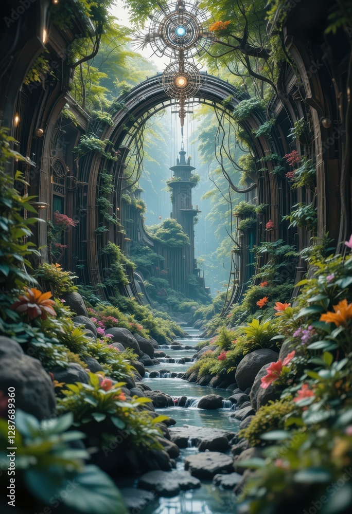 Serene Stream Flows Through Lush Jungle Landscape Past Ancient Stone Archway and Tower Serene Stream Flows Through Lush Jungle Landscape Past Ancient Stone Archway and Tower