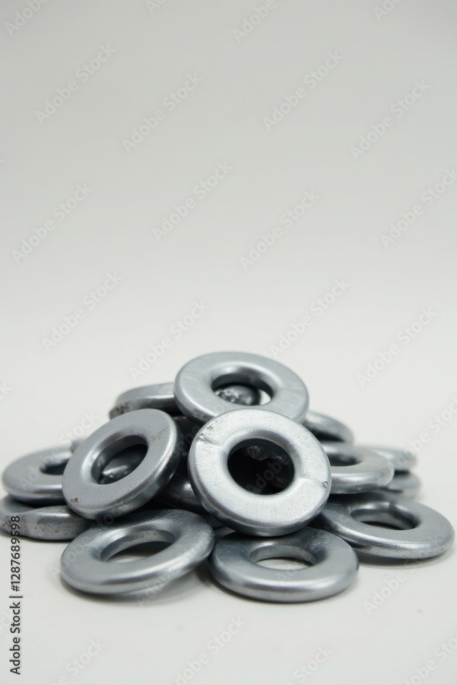 Close-up view of a pile of metallic washers, showcasing their smooth surface and circular shape, ideal for industrial or mechanical applications Close-up view of a pile of metallic washers, showcasing their smooth surface and circular shape, ideal for industrial or mechanical applications