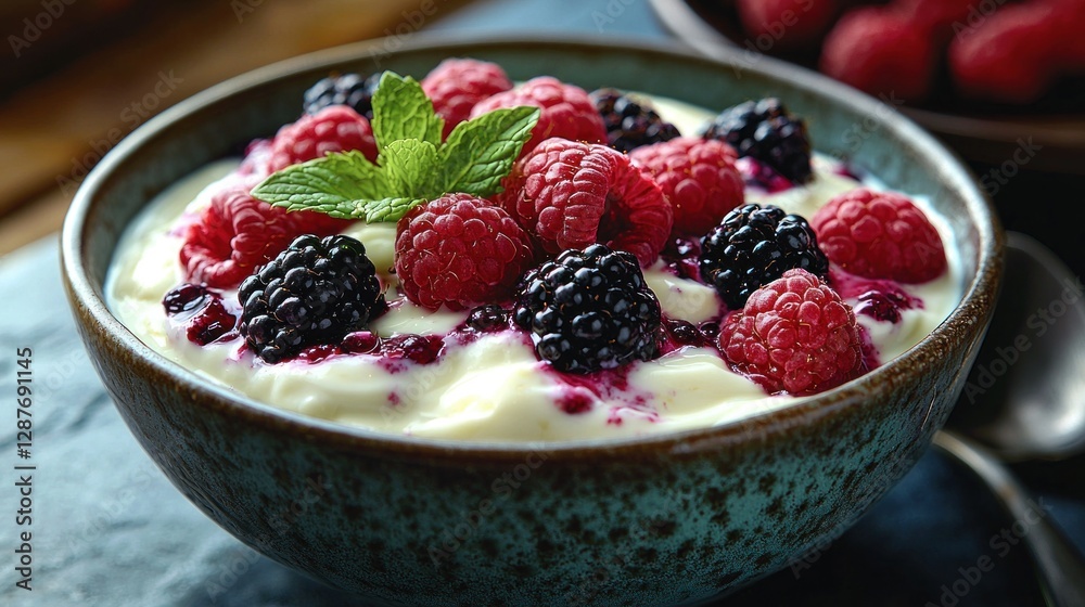 Yogurt bowl topped with raspberries and blackberries, mint leaves on top, healthy food Yogurt bowl topped with raspberries and blackberries, mint leaves on top, healthy food