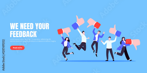 Customer feedback, employee or client satisfaction rating review with good or bad symbols - thumb up and down business concept vector illustration. Positive and negative feedback and evaluation