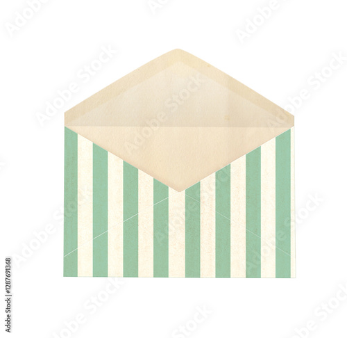 Font view of blank vintage opened paper envelope with striped pattern. Old envelope in shabby chic style for scrapbooking design. Isolated on white background