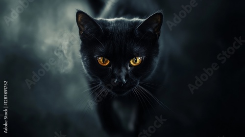Mysterious black cat with piercing amber eyes emerging from darkness, close-up. Halloween and superstition concept