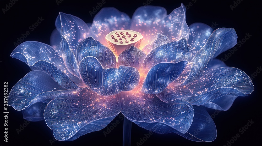 Obraz premium Glowing blue lotus flower shining on a black background, for meditation or spa design