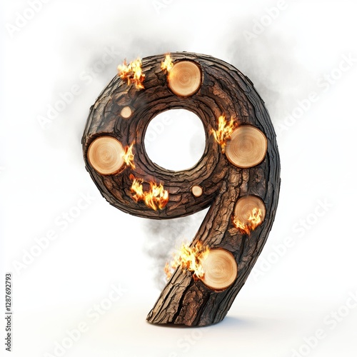 Number 9 made of crackling campfire wood with glowing embers and soft smoke rising isolated on a clean white background